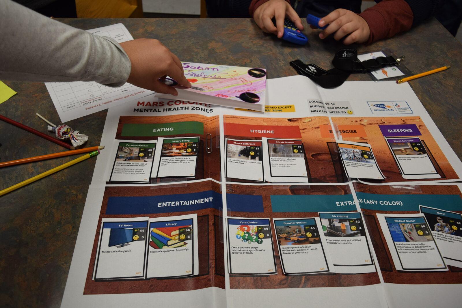 Students working through their colony design — the engineering and mental-health zones